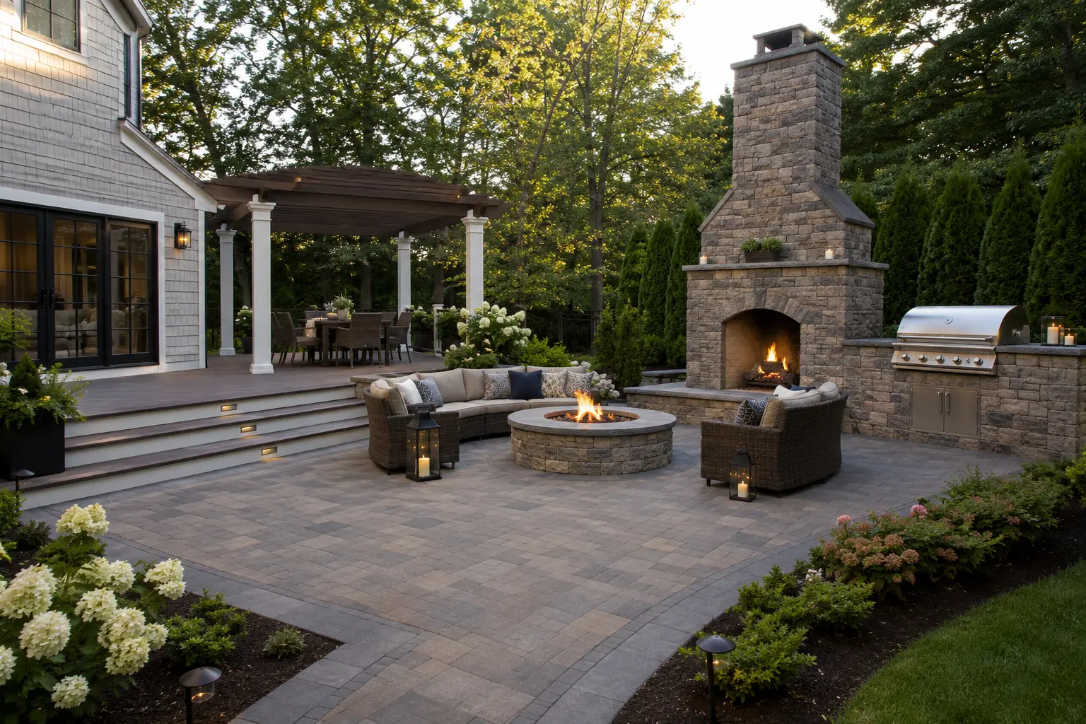 Completed paver patio, deck, fire pit and outdoor fireplace