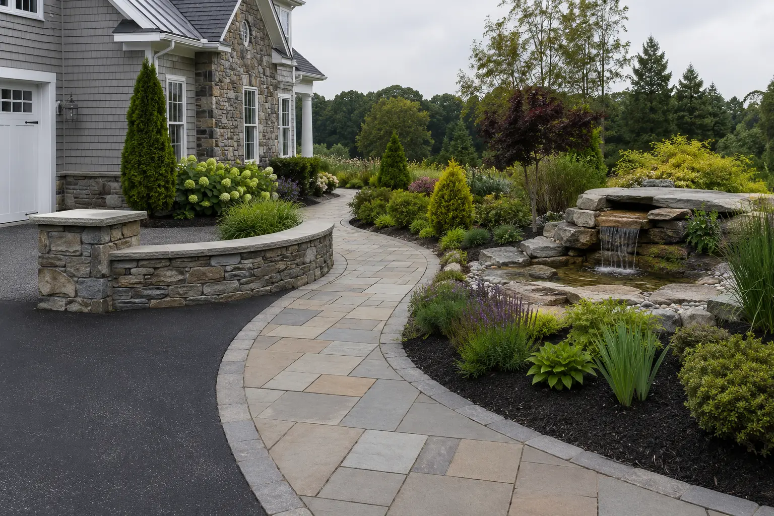 Completed walkway, driveway, retaining wall and structural water feature