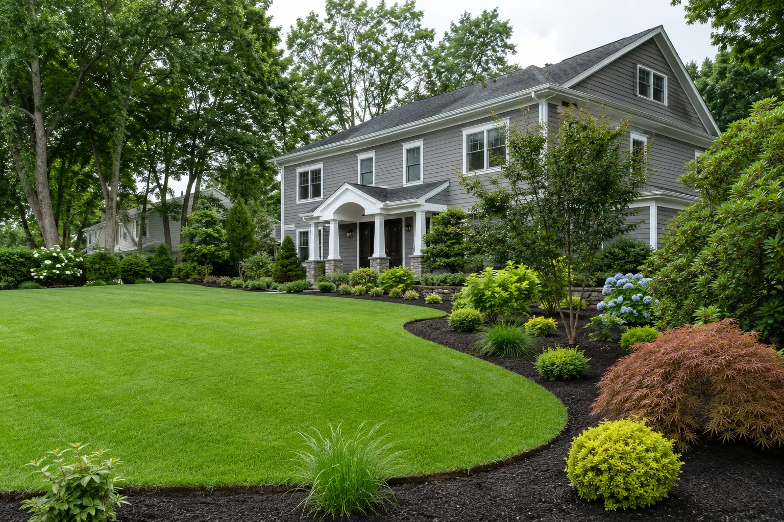 Completed residential landscaping with maintained lawn, mulch and garden beds